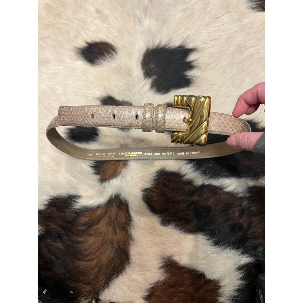 LizClaiborne Vintage Genuine Snake Skin Belt Gold Ribbed Buckle Beige Large 2584